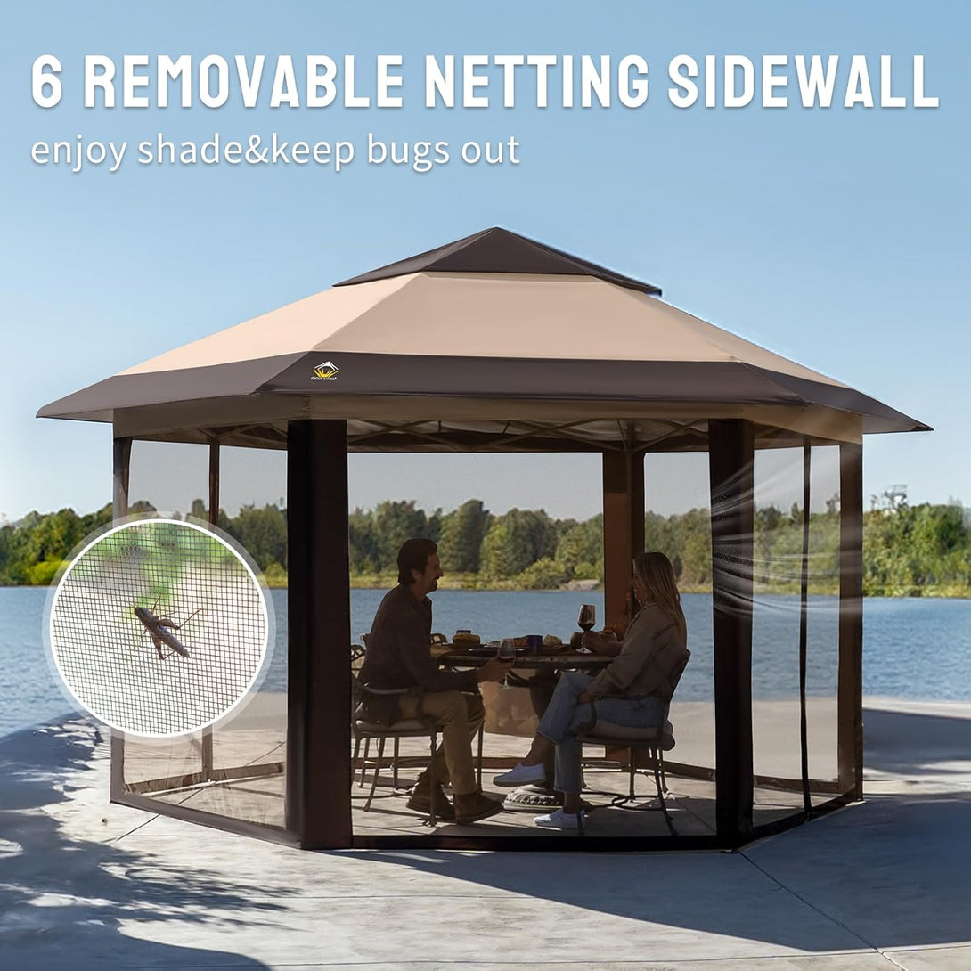 Tente gazebo pop-up 13x13 - Tente à auvent hexagonale avec moustiquaire