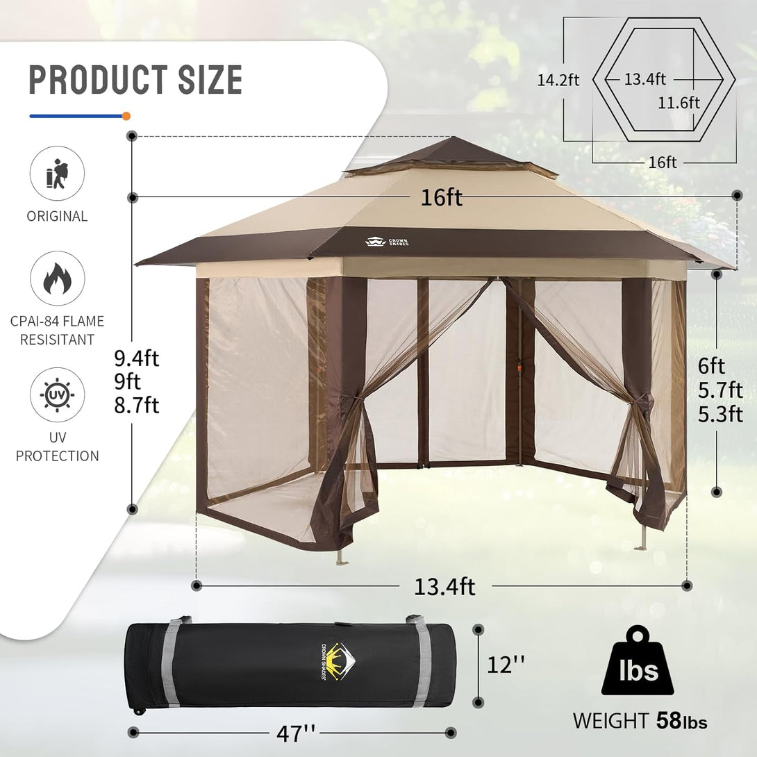 Tente gazebo pop-up 13x13 - Tente à auvent hexagonale avec moustiquaire
