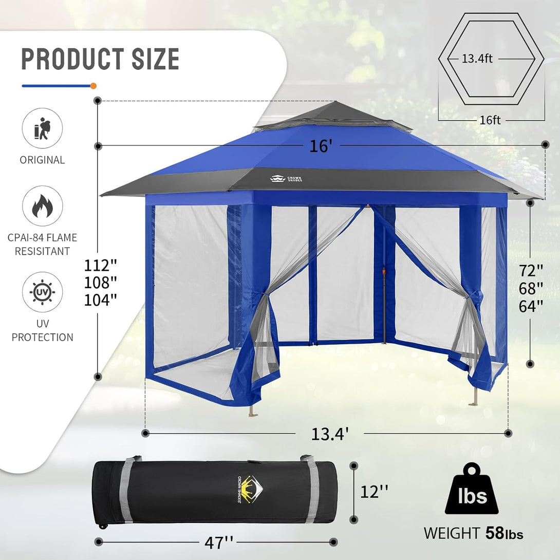 Tente gazebo pop-up 13x13 - Tente à auvent hexagonale avec moustiquaire
