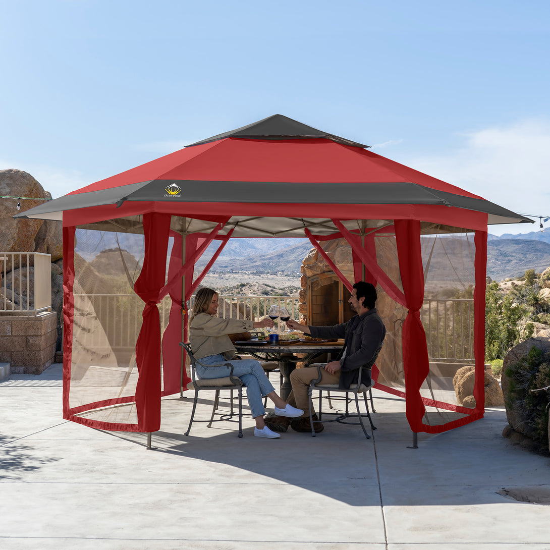 Tente gazebo pop-up 13x13 - Tente à auvent hexagonale avec moustiquaire