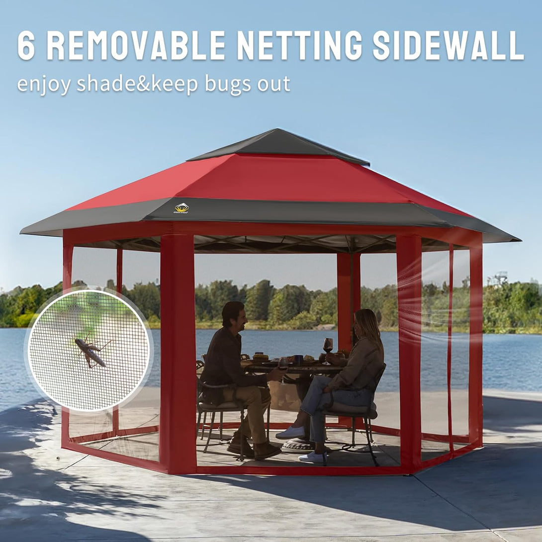 Tente gazebo pop-up 13x13 - Tente à auvent hexagonale avec moustiquaire