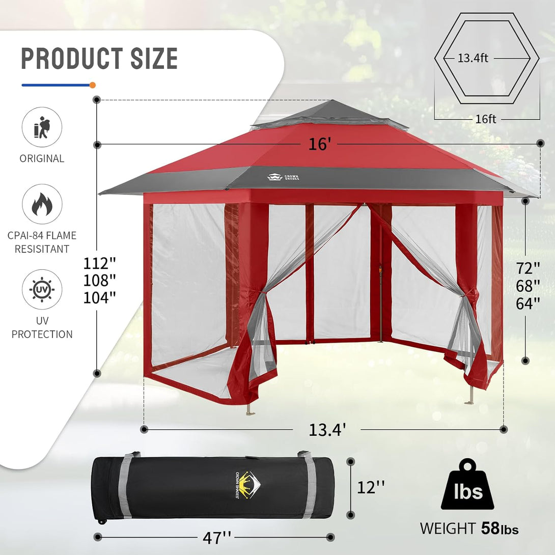 Tente gazebo pop-up 13x13 - Tente à auvent hexagonale avec moustiquaire