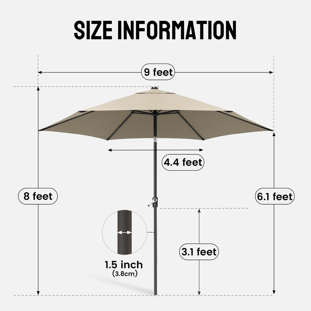 9 Ft Windproof Patio Umbrella – 30° Push Button Tilt with Durable Polyester
