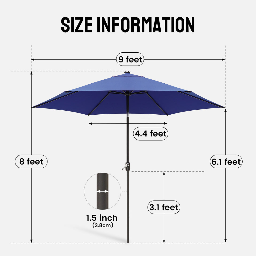 9 Ft Windproof Patio Umbrella – 30° Push Button Tilt with Durable Polyester