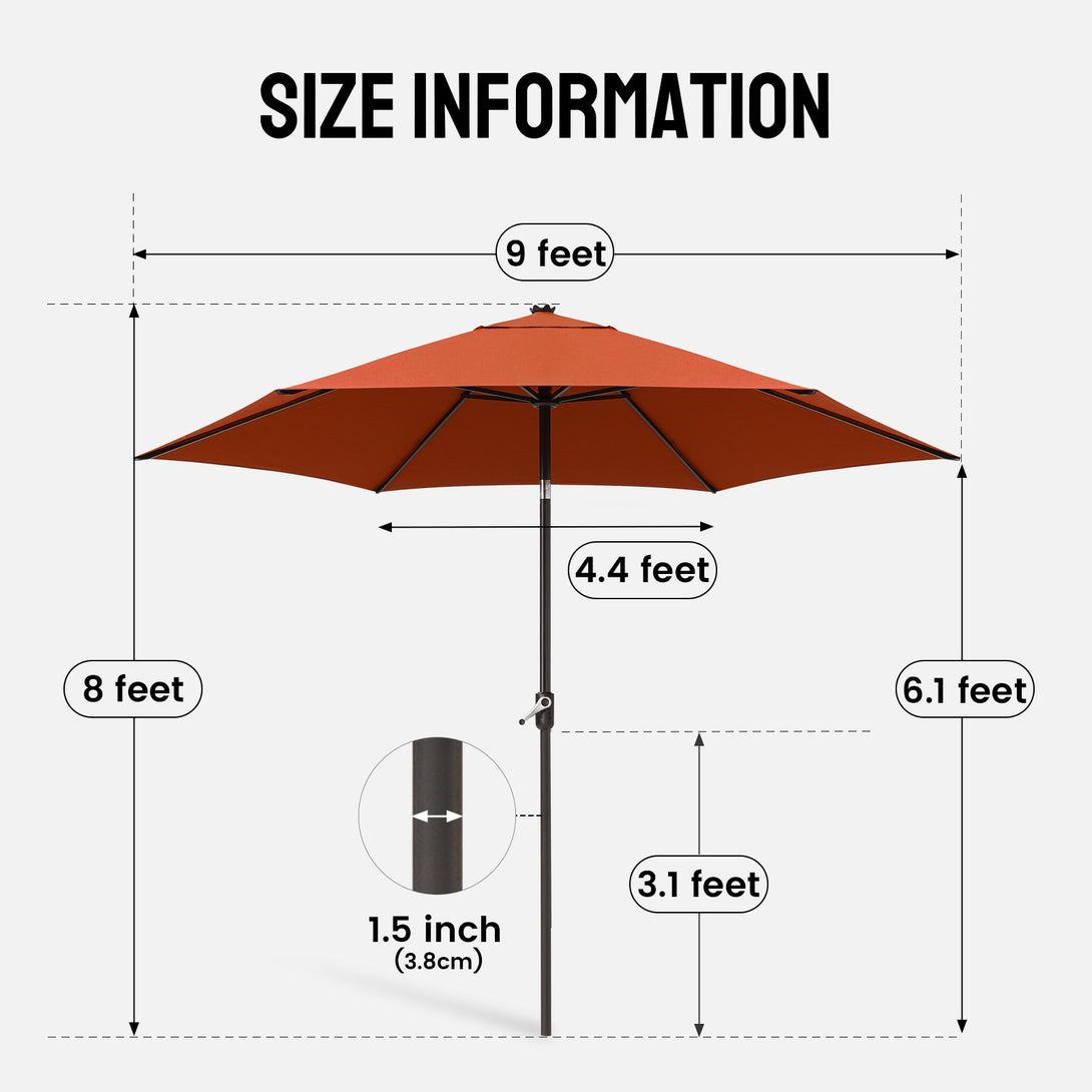 9 Ft Windproof Patio Umbrella – 30° Push Button Tilt with Durable Polyester