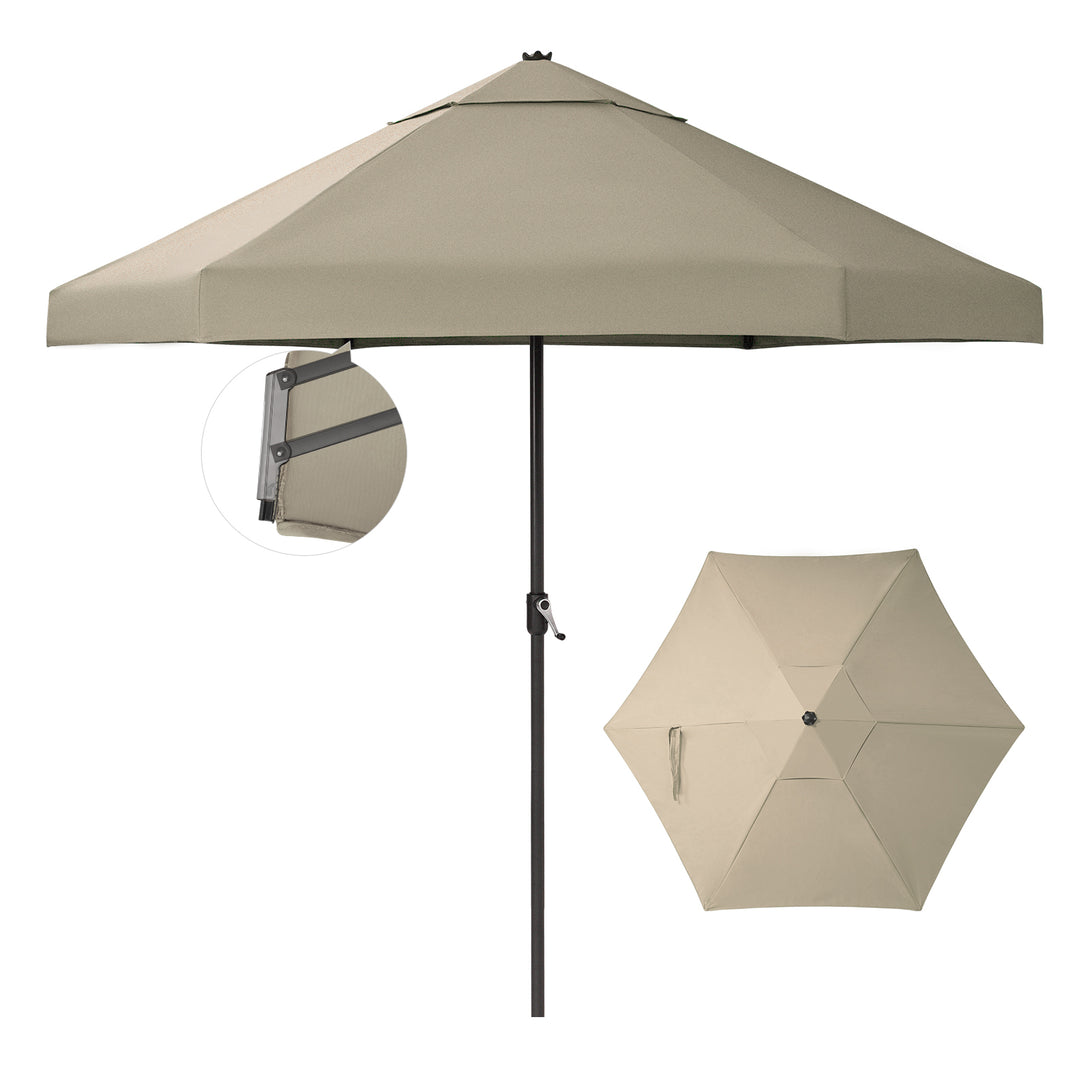 GEMINI Original Twin-Arm Umbrella – 90° Pivoting Hinge Valance, Auto Tilt, Slide-In Attachment Olefin Fabric