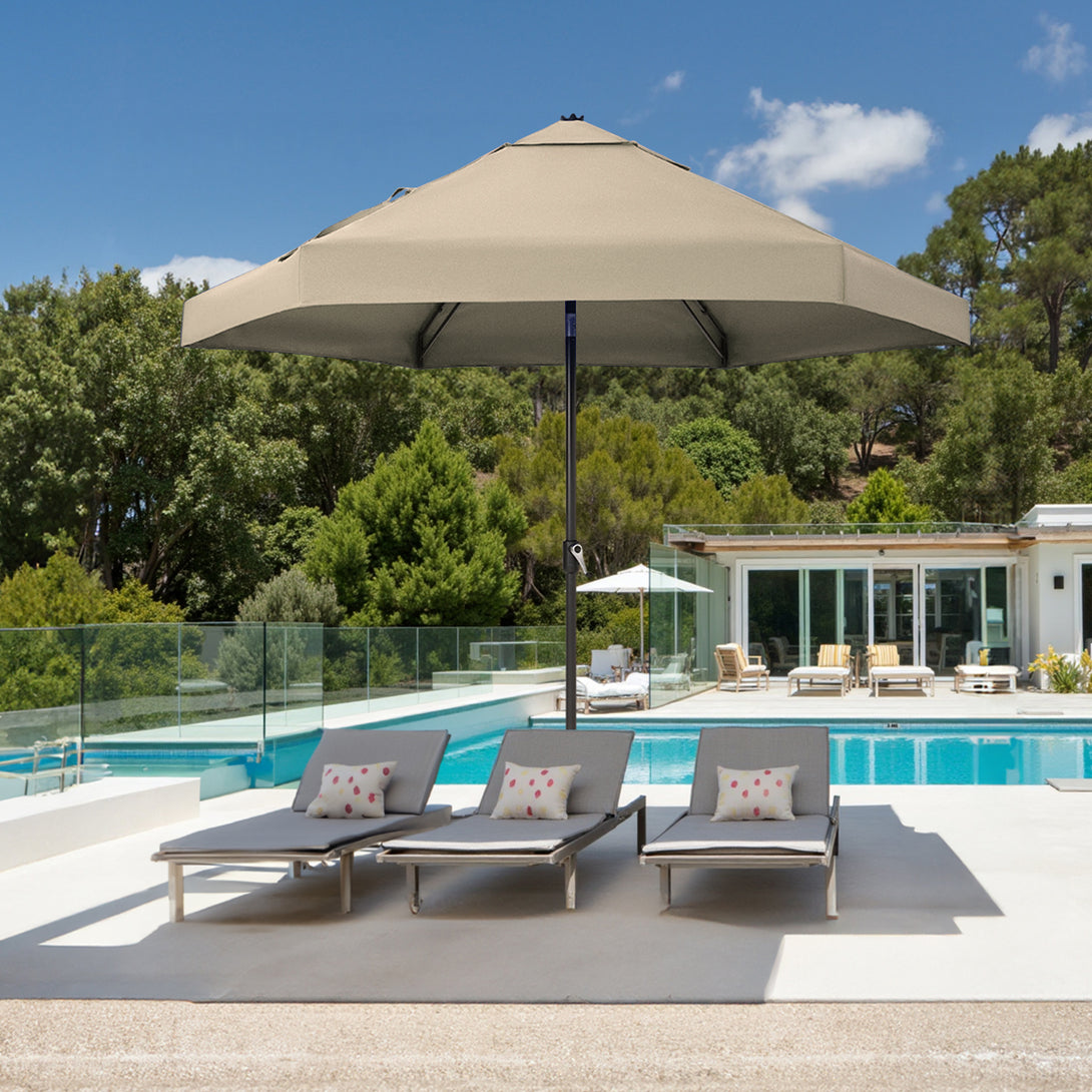 GEMINI Original Twin-Arm Umbrella – 90° Pivoting Hinge Valance, Auto Tilt, Slide-In Attachment Olefin Fabric