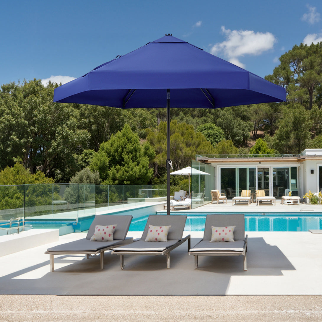GEMINI Original Twin-Arm Umbrella – 90° Pivoting Hinge Valance, Auto Tilt, Slide-In Attachment Olefin Fabric