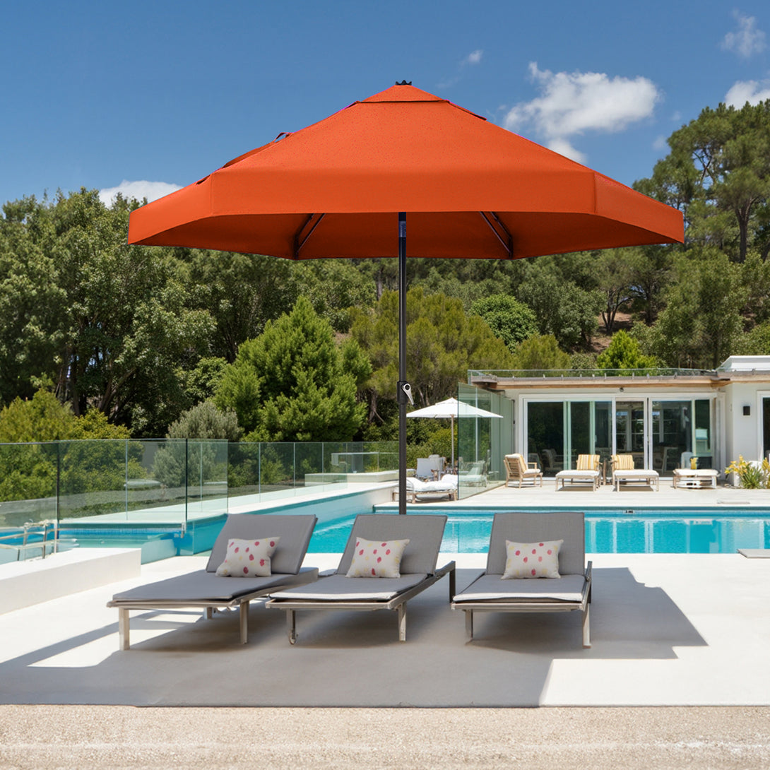 GEMINI Original Twin-Arm Umbrella – 90° Pivoting Hinge Valance, Auto Tilt, Slide-In Attachment Olefin Fabric