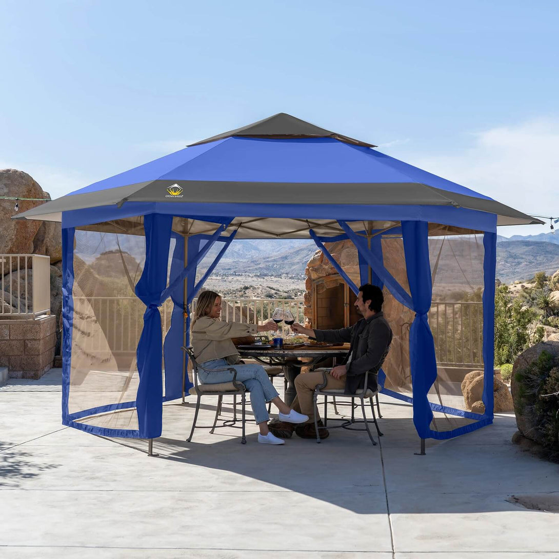 Tente gazebo pop-up 13x13 - Tente à auvent hexagonale avec moustiquaire