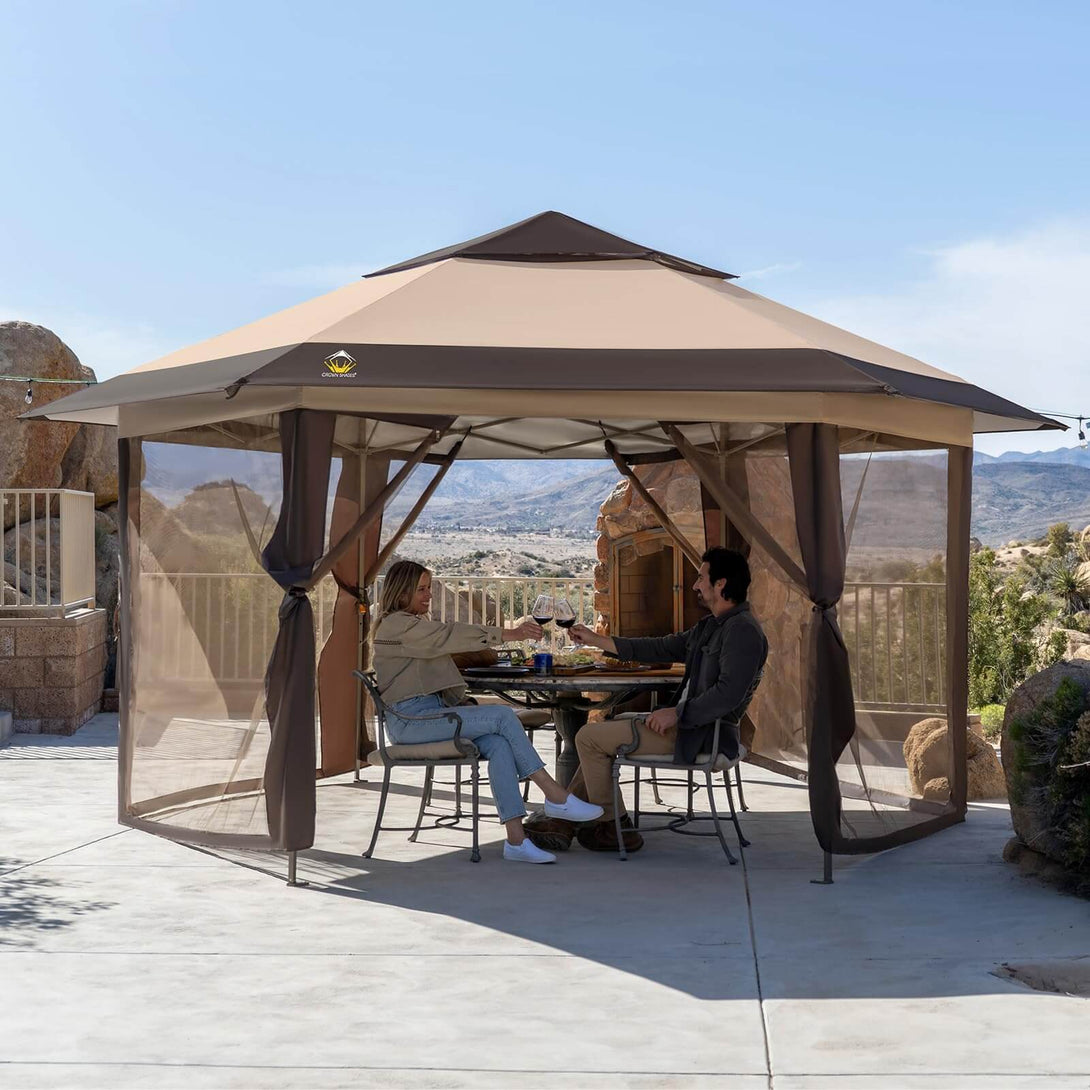 Tente gazebo pop-up 13x13 - Tente à auvent hexagonale avec moustiquaire