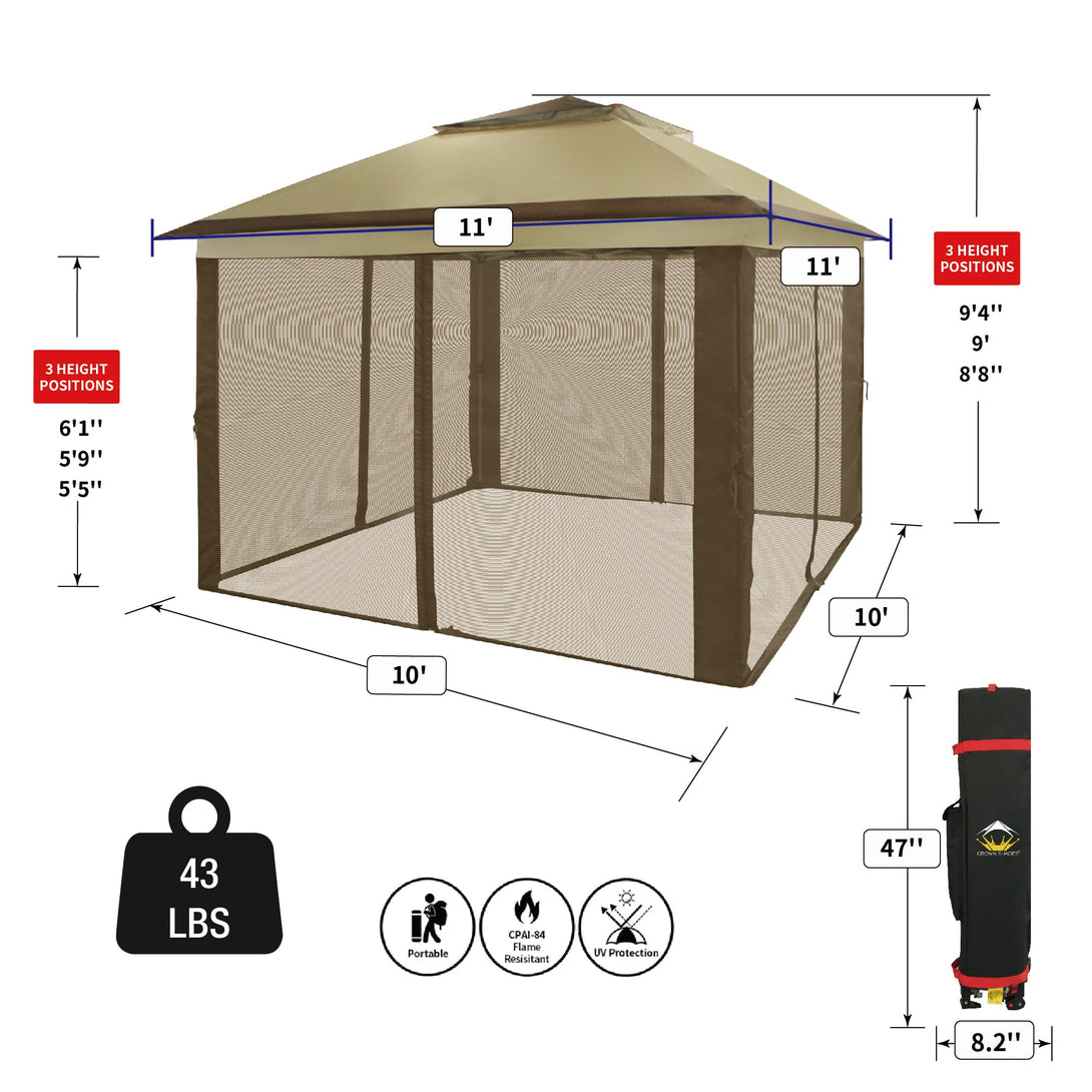 Tente de tonnelle pop-up 11x11 avec murs en maille