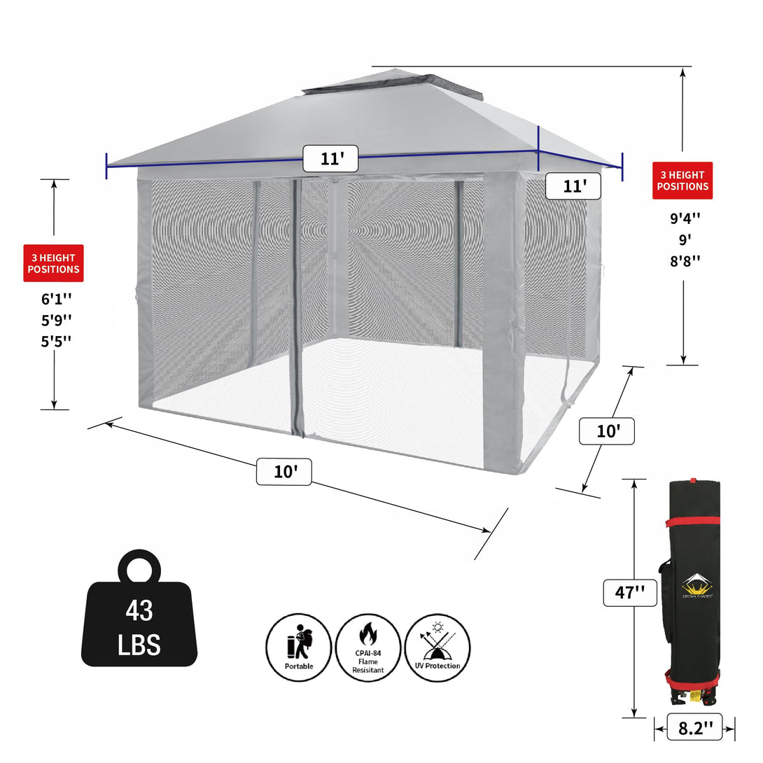 Tente de tonnelle pop-up 11x11 avec murs en maille